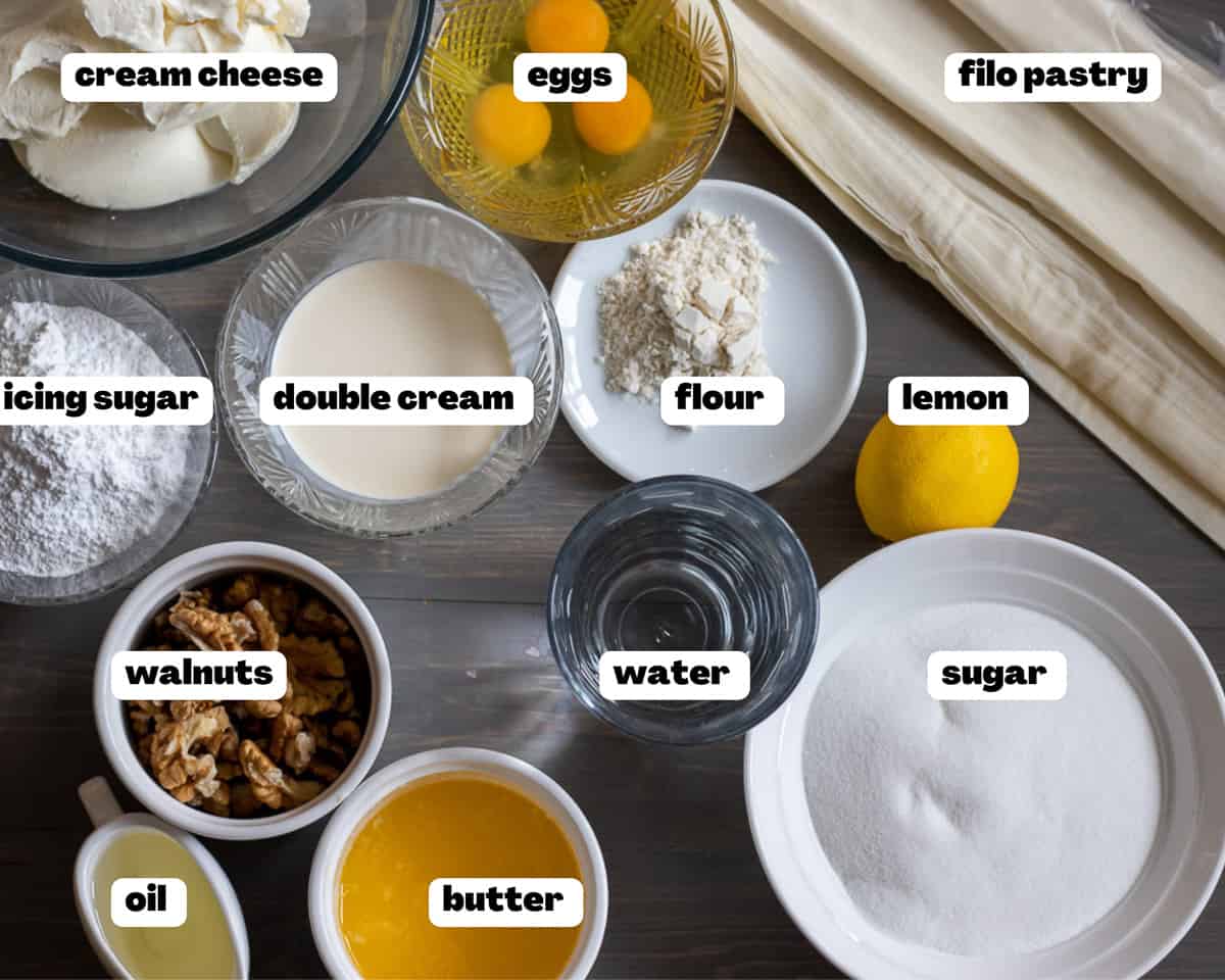 Labelled picture of ingredients for baklava cheesecake 