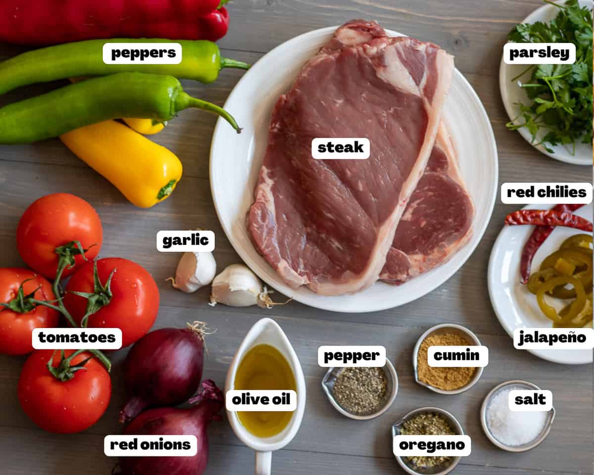 Labelled picture of ingredients for steak picado recipe