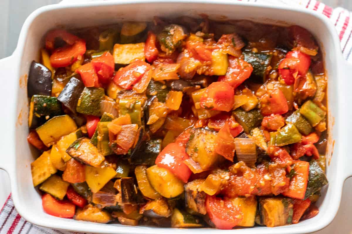 Traditional French Ratatouille Niçoise Recipe in a baking dish