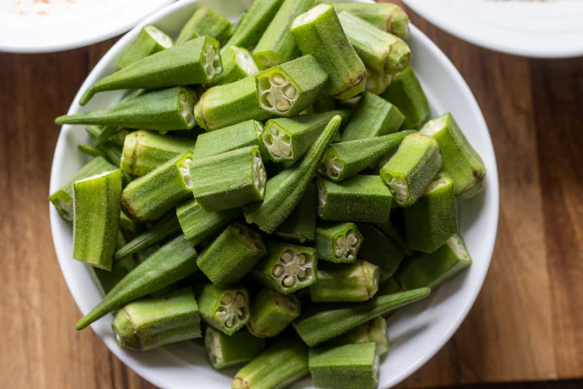 okra is washed, trimmed and cut into bite size