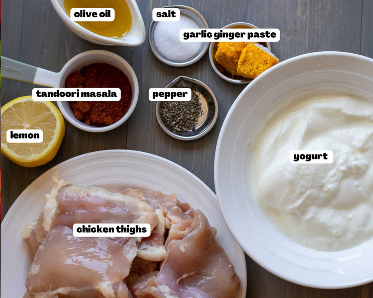 Labelled picture of ingredients for Spicy Tandoori Chicken recipe in oven