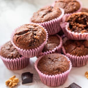 vegan double chocolate chip muffins with walnuts and bananas
