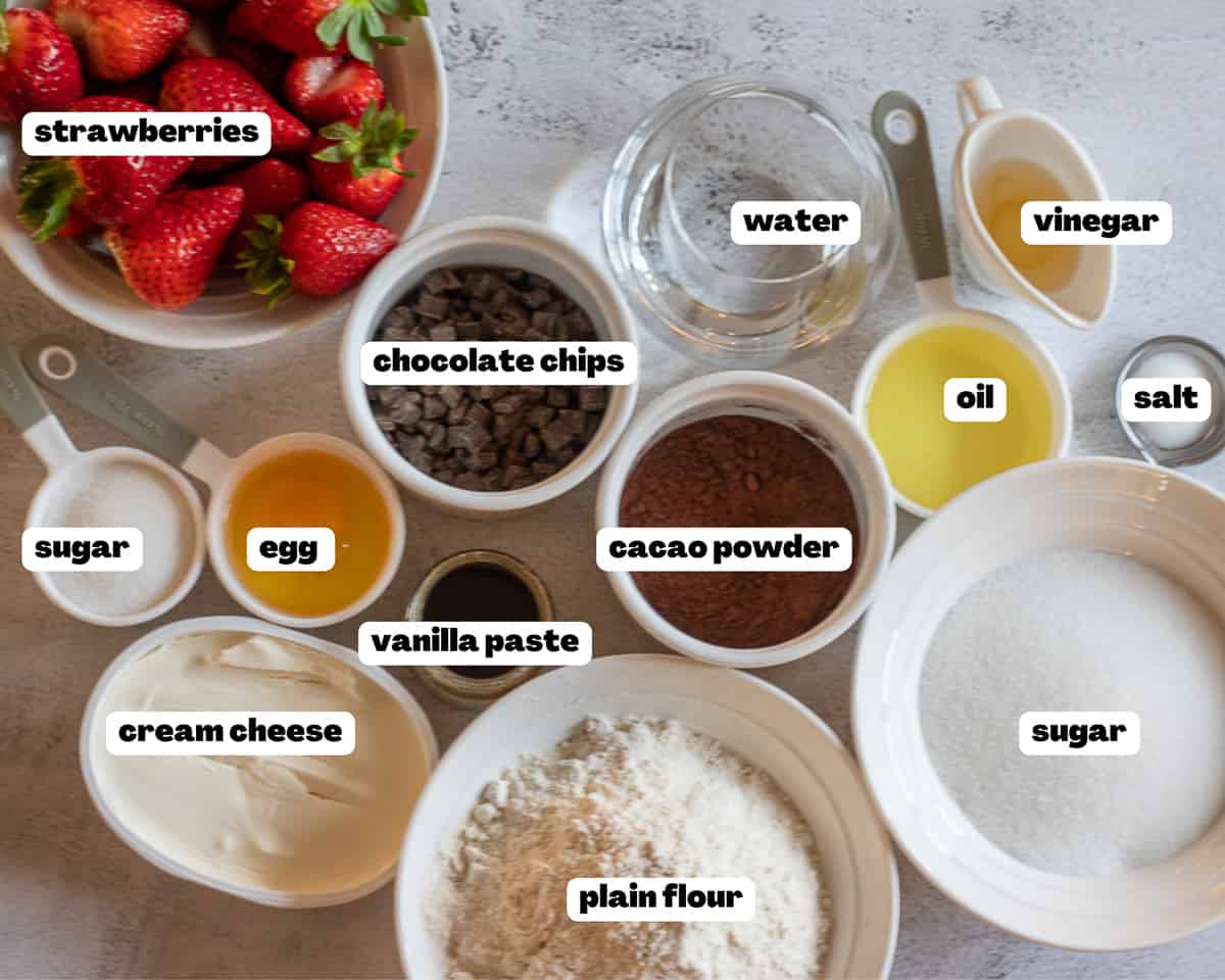 Labelled picture of ingredients for strawberry cream cheese muffins 