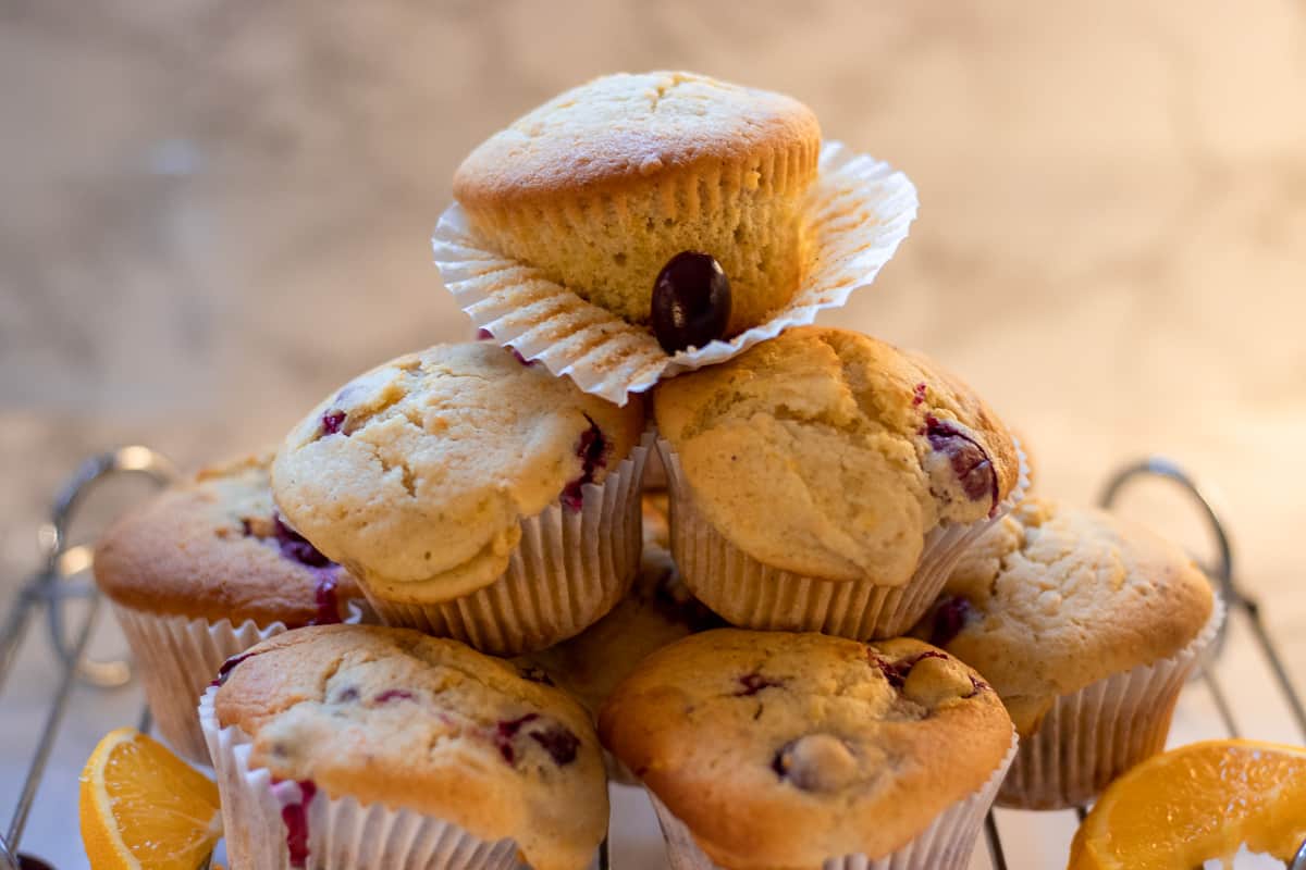freshly baked cranberry orange muffins with buttermilk