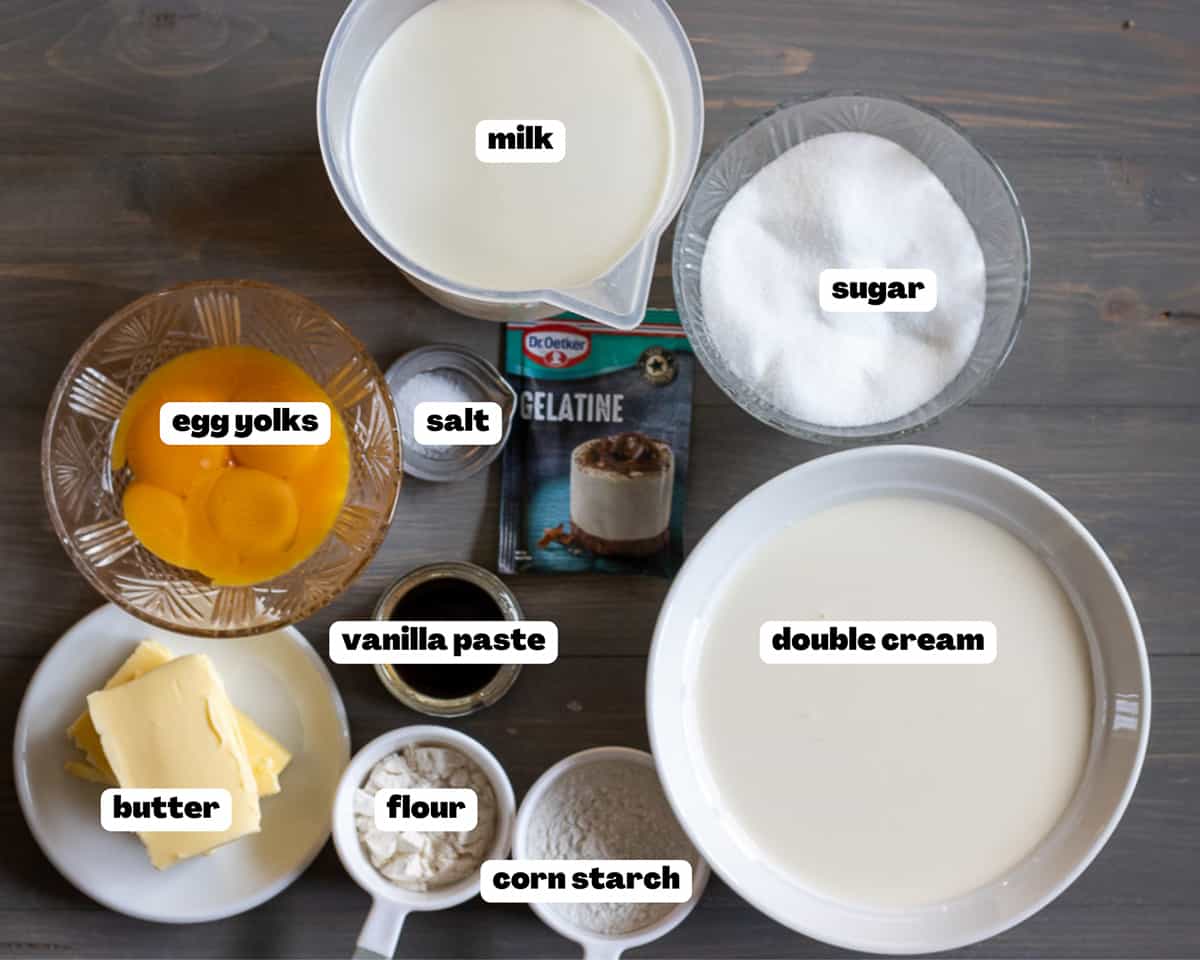 Labelled picture of ingredients for creme diplomat
