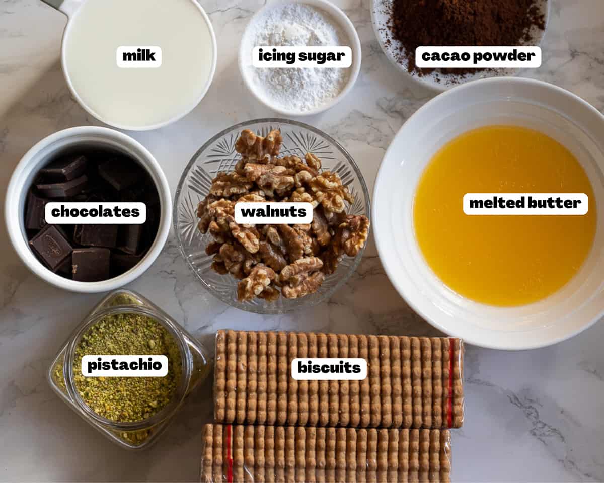 Labelled picture of ingredients for lazy cake - chocolate biscuit cake