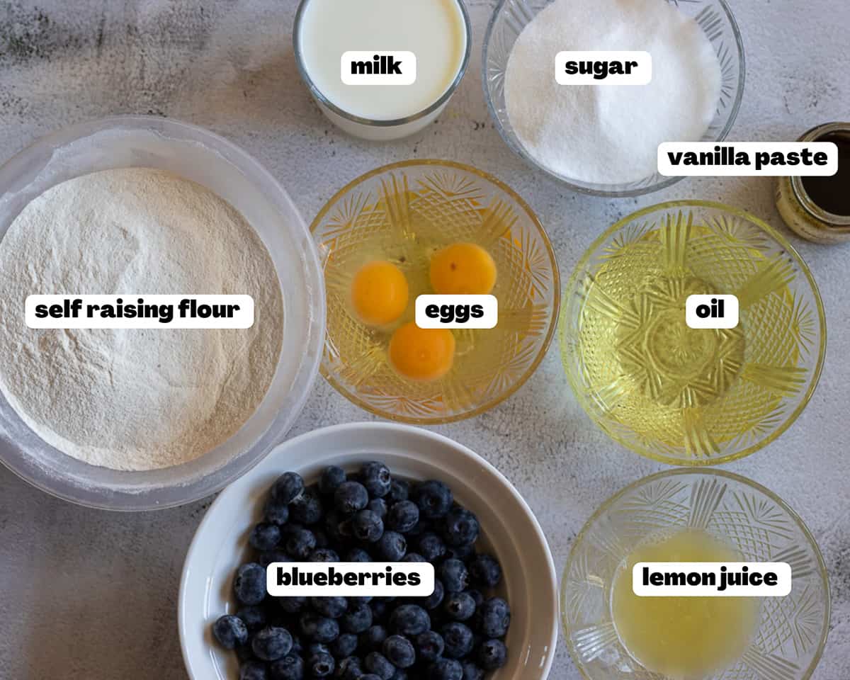 Labelled picture of ingredients for lemon Blueberry coffee crumble cake