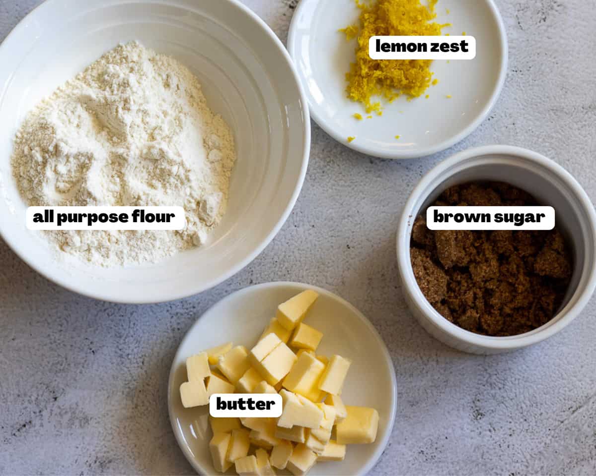 Labelled picture of ingredients for lemon crumble