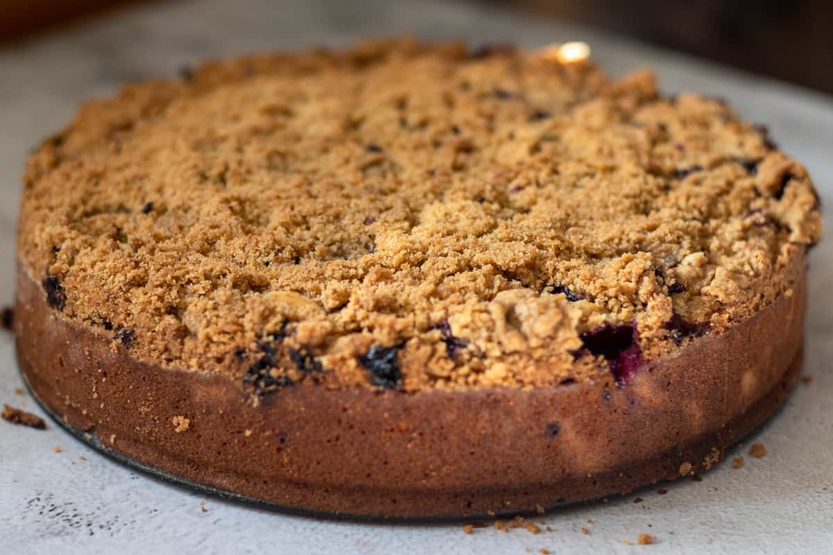 Blueberry coffee cake is baked until the streusel is golden brown