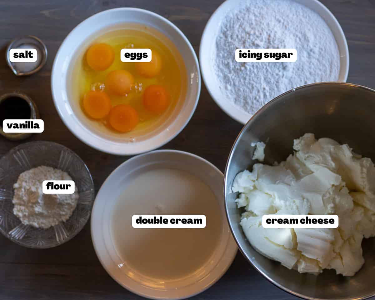 labelled picture of ingredients for San Sebastián Cheesecake 