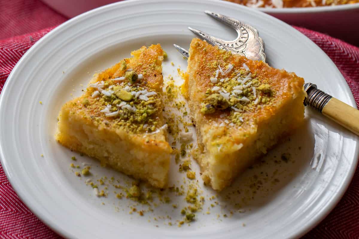 2 triangle pieces of revani Turkish semolina cake 