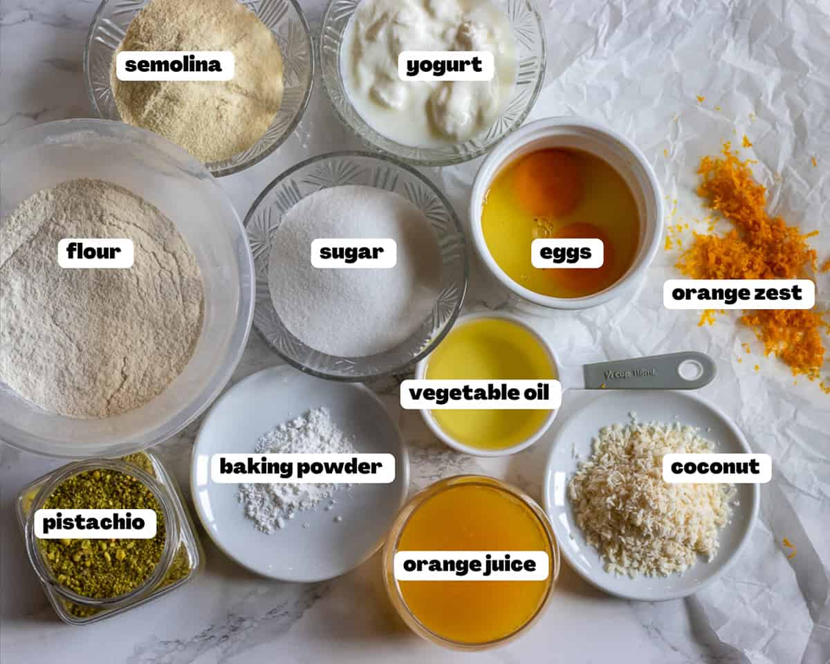 Labelled picture of ingredients for Revani - Turkish Semolina cake
