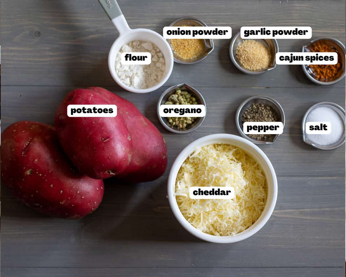 Labelled picture of ingredients for homemade air fryer tater tots