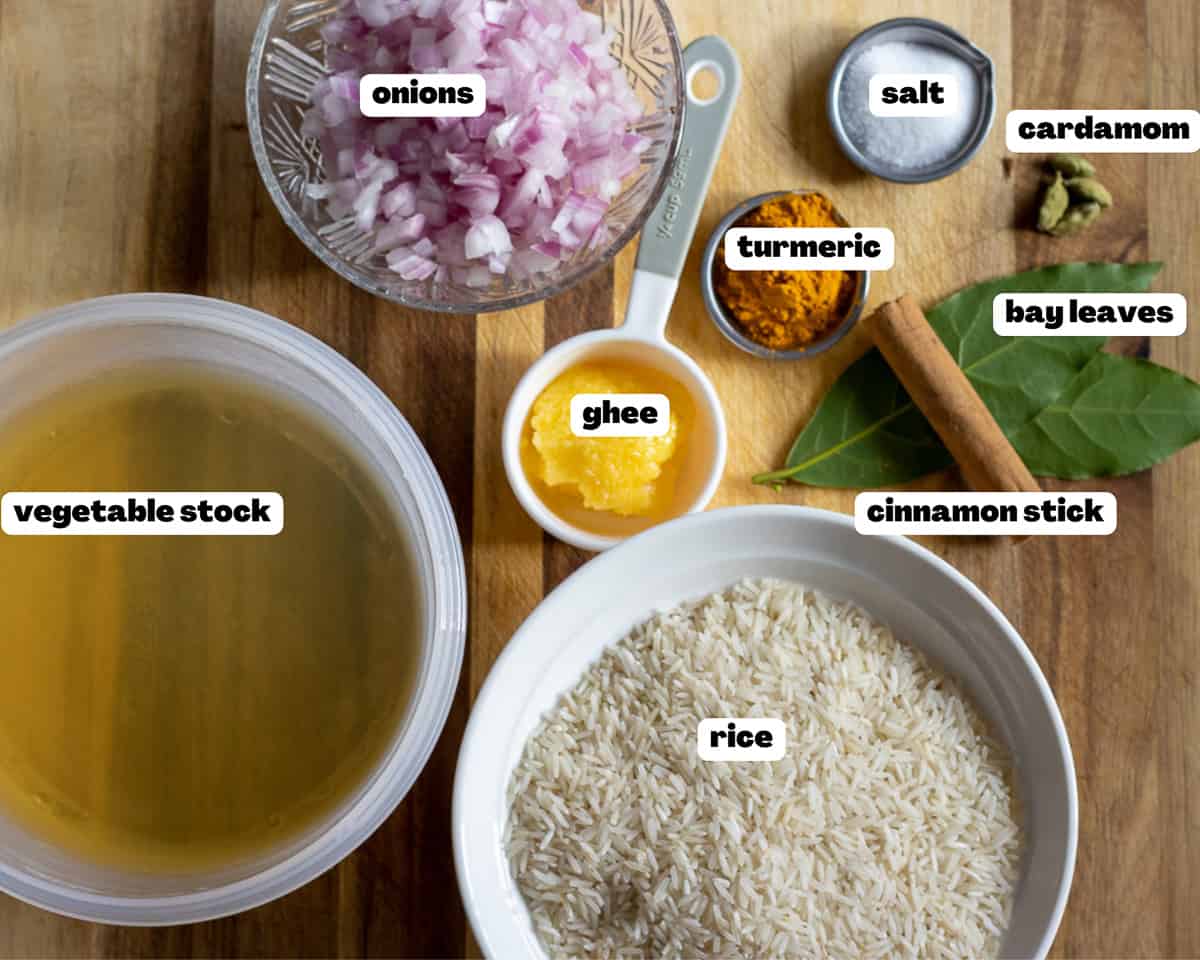 Labelled picture of ingredients for turmeric rice