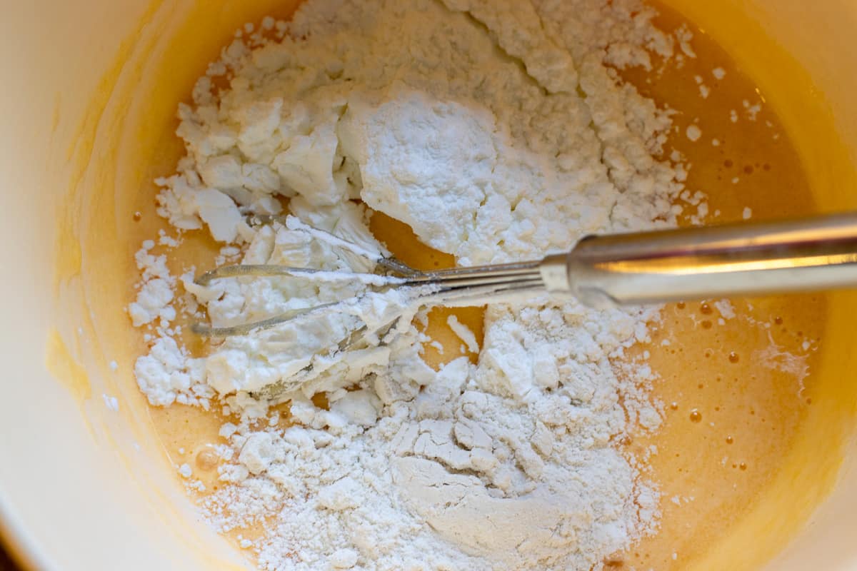 the eggs, flour and cornflour are mixed to make creme diplomat for eclair cake(ekpa pasta)
