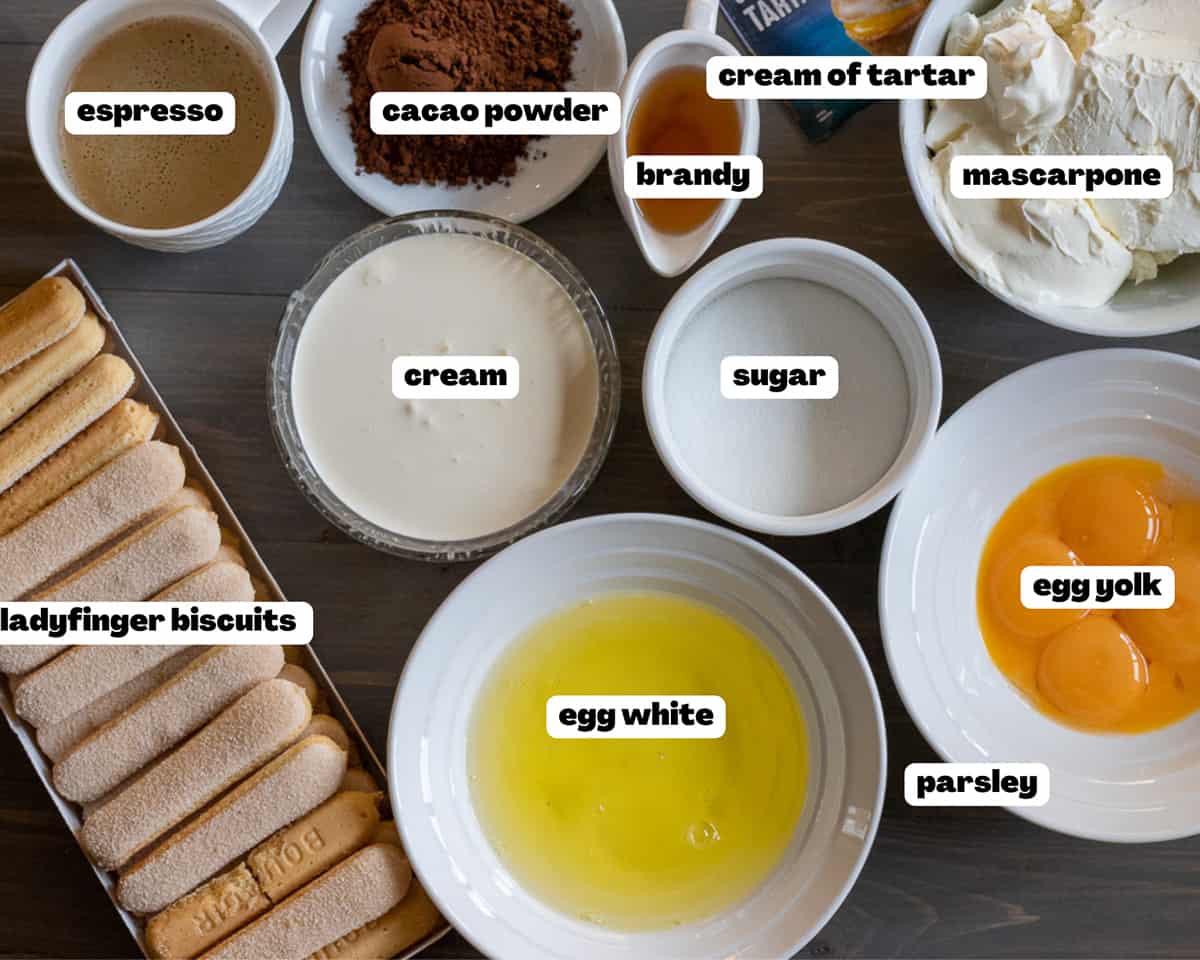 Labelled picture of ingredients for Tiramisu