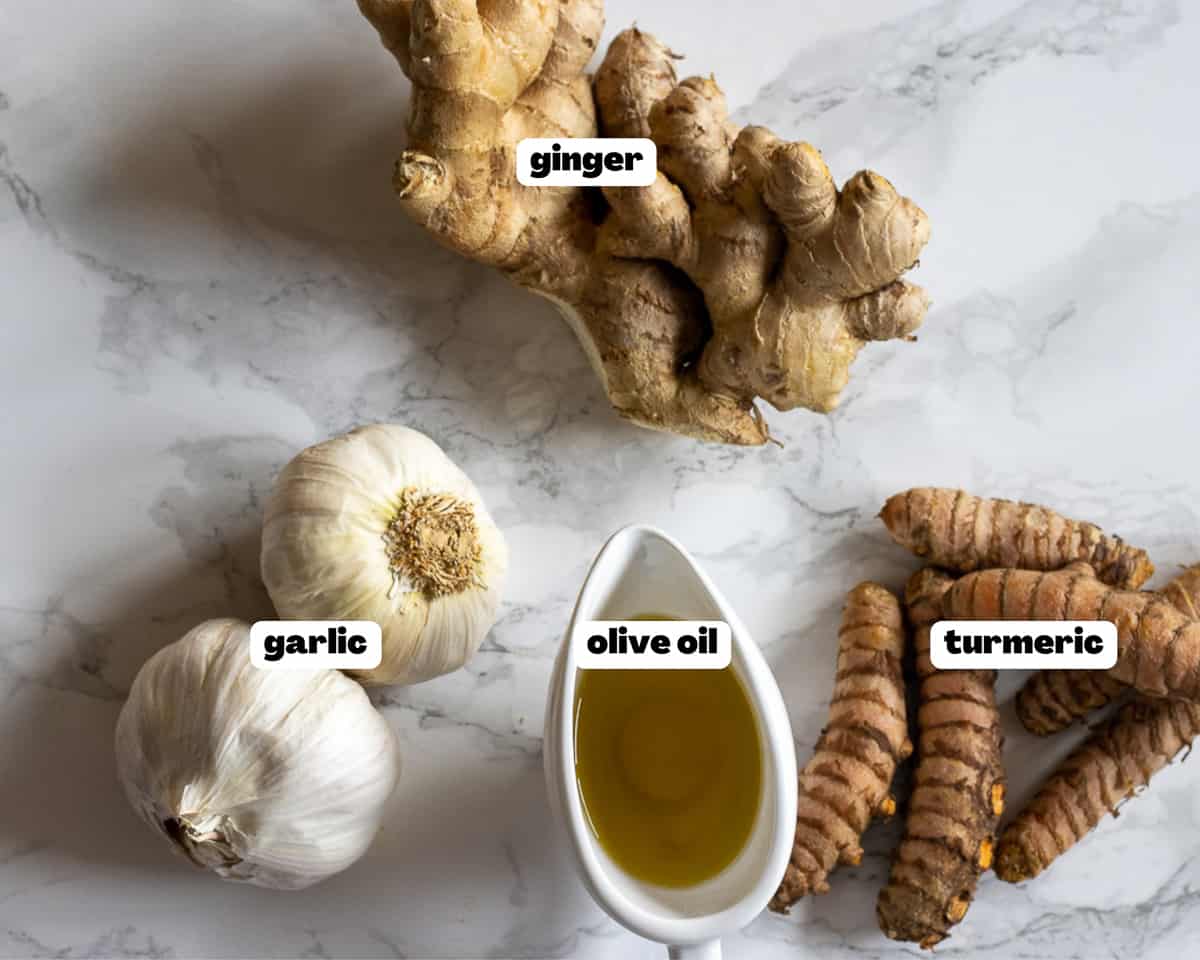 Labelled picture of ingredients for ginger garlic paste