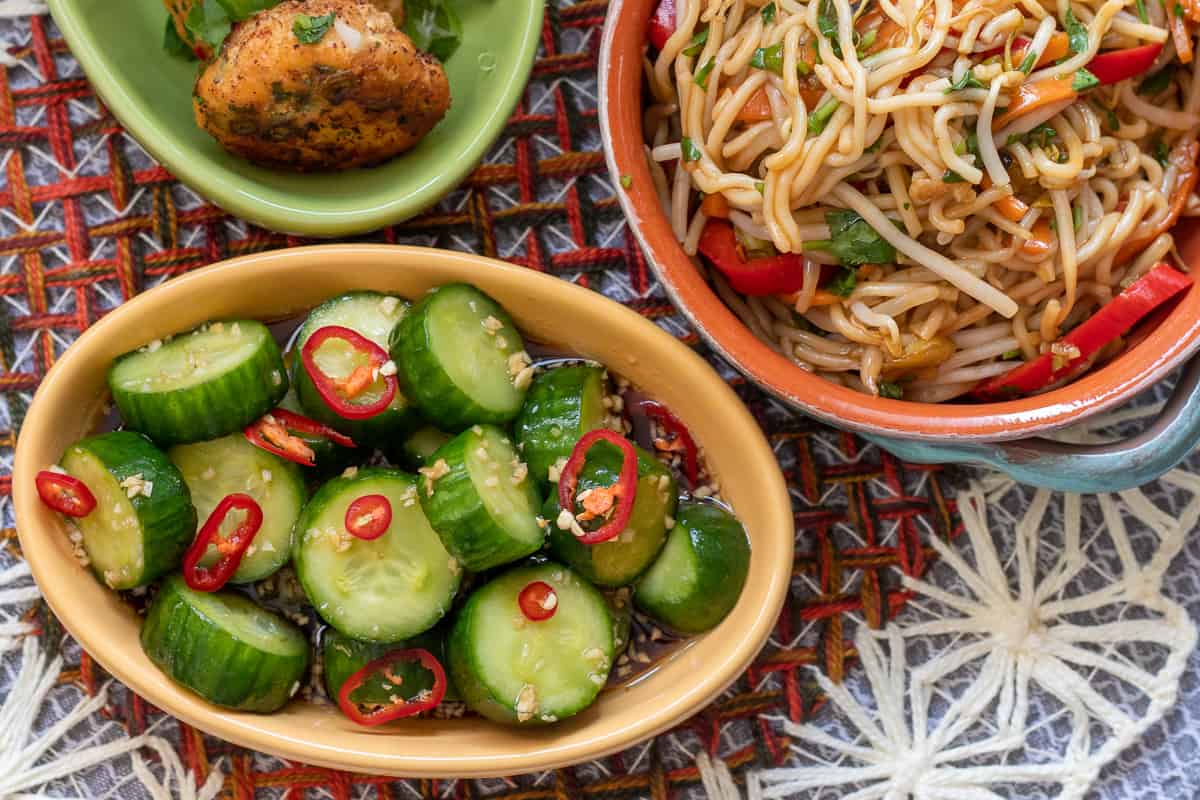 asian din tai dung salad served with noodles and fish cakes