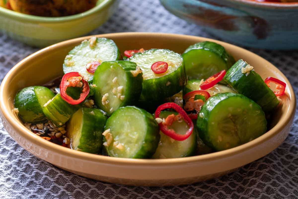 asian cucumber salad served chilled with sliced red chilies