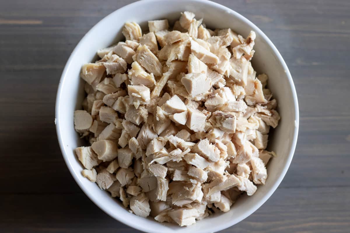 cooked chicken cut in cubes for macaroni salad