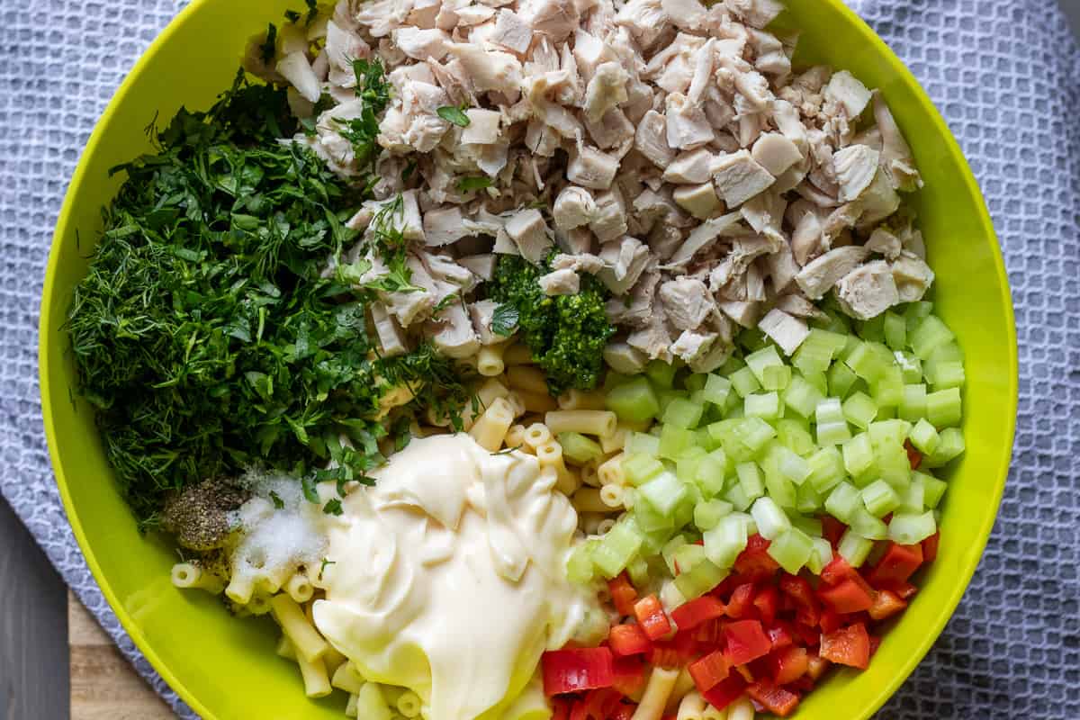 all salad ingredients are placed in a large bowl