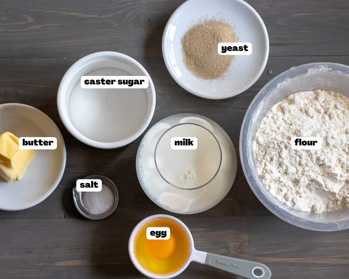 Labelled picture of ingredients for air fryer cinnamon rolls