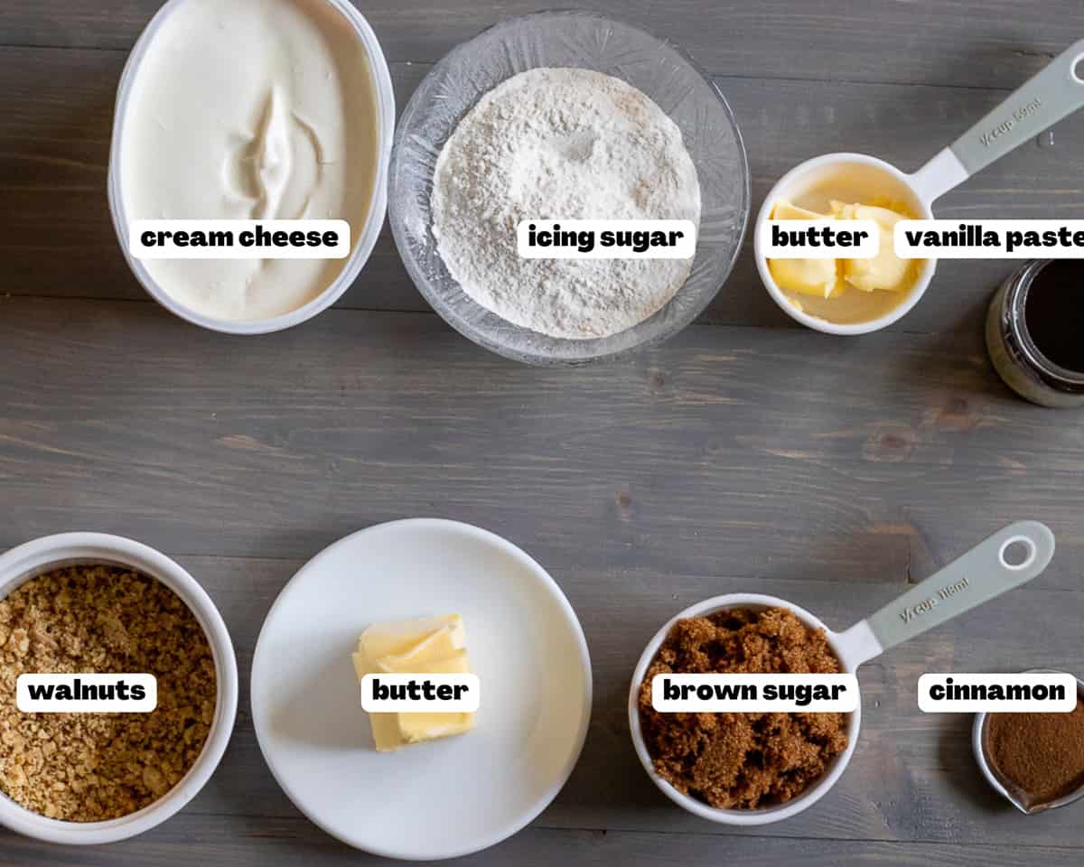Labelled picture of ingredients for cinnamon roll filling and frosting