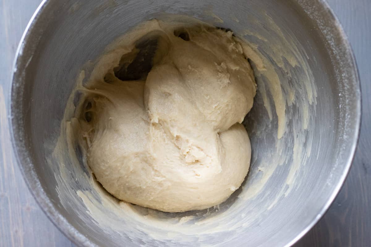a soft and slightly sticky dough is formed for making  cinnamon rolls