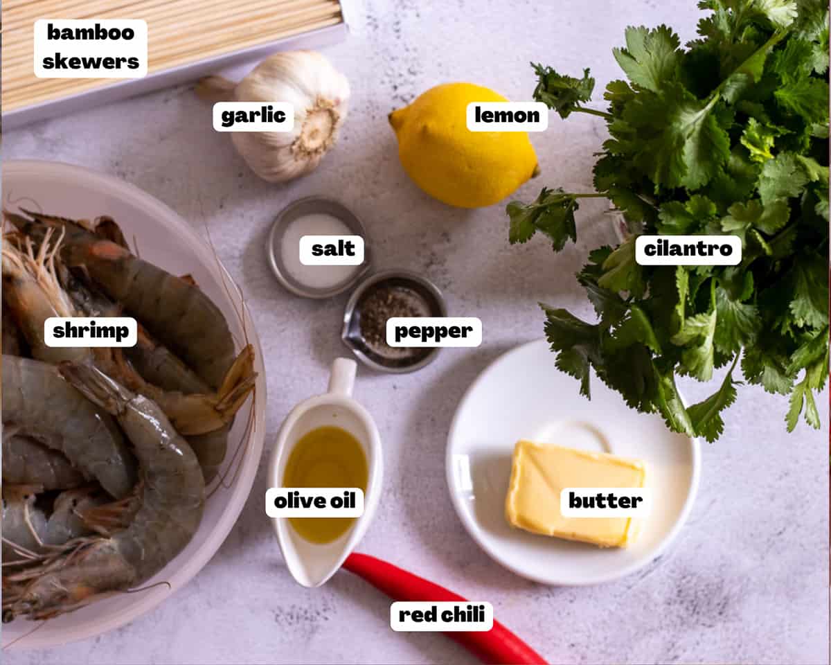 labelled picture of ingredients for bbq grilled shrimp skewers