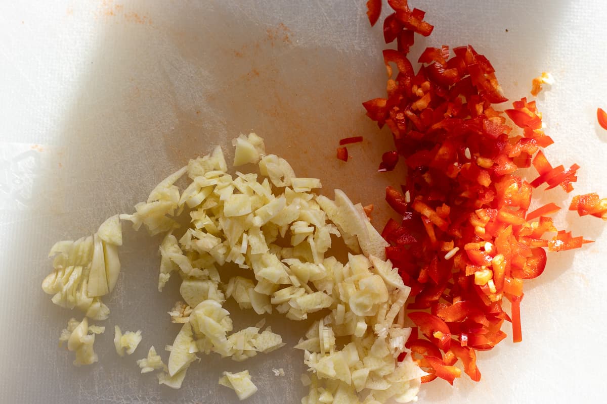 finely chopped chillies and garlic for making garlic butter sauce 