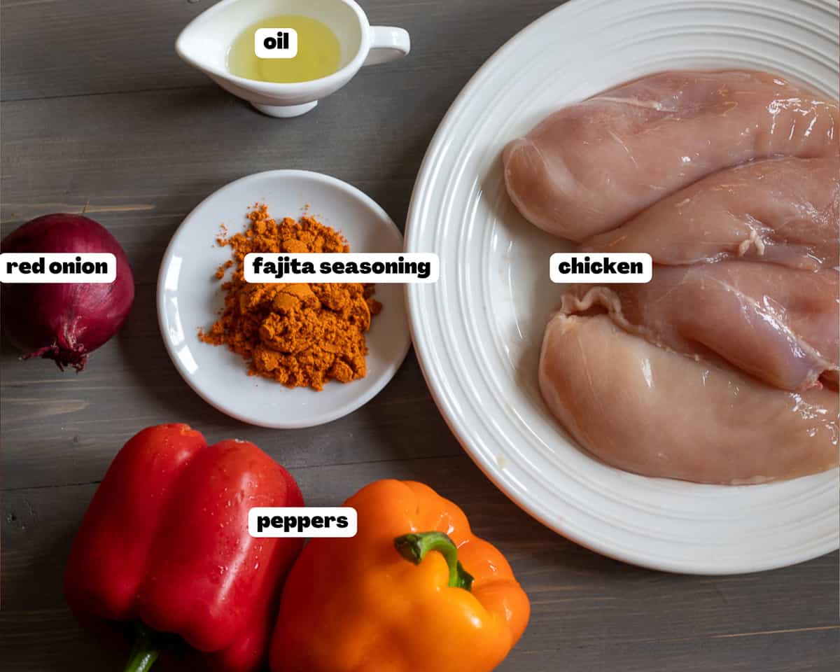 Labelled picture of ingredients for air fryer chicken fajitas