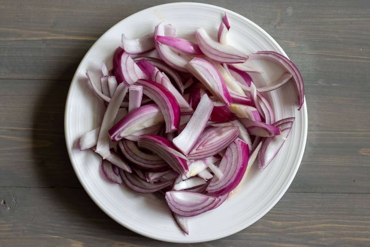 roughly sliced red onions