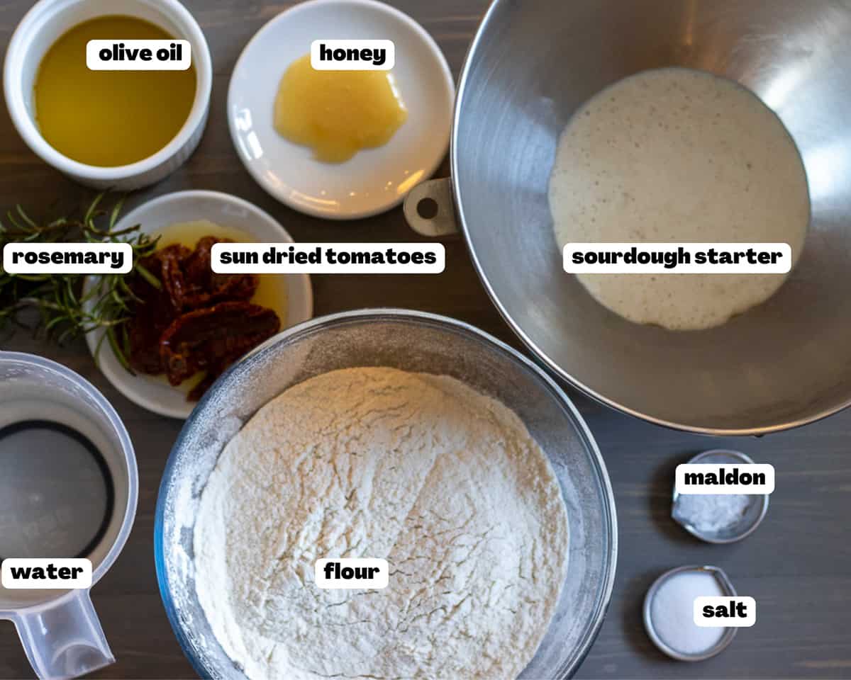 Labelled picture of ingredients for sourdough black pepper focaccia bread