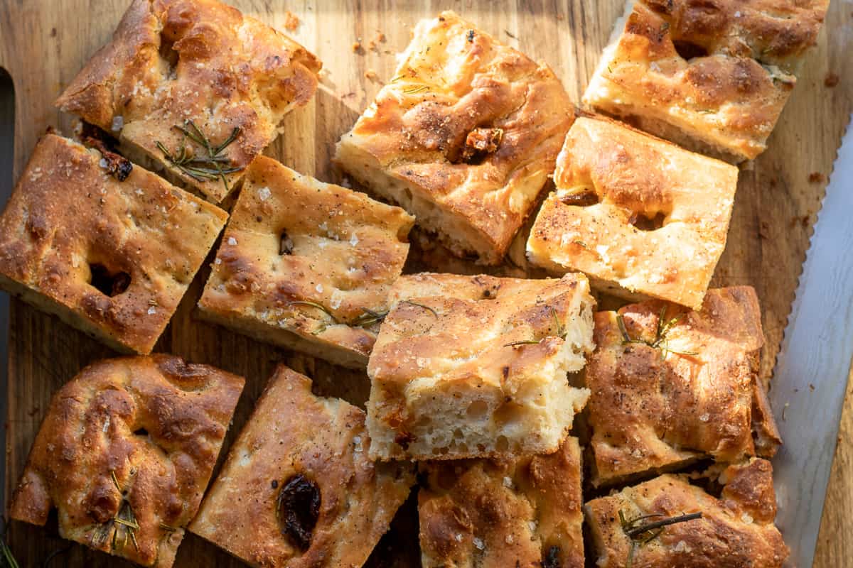 Focaccia bread is cut into 12 squares