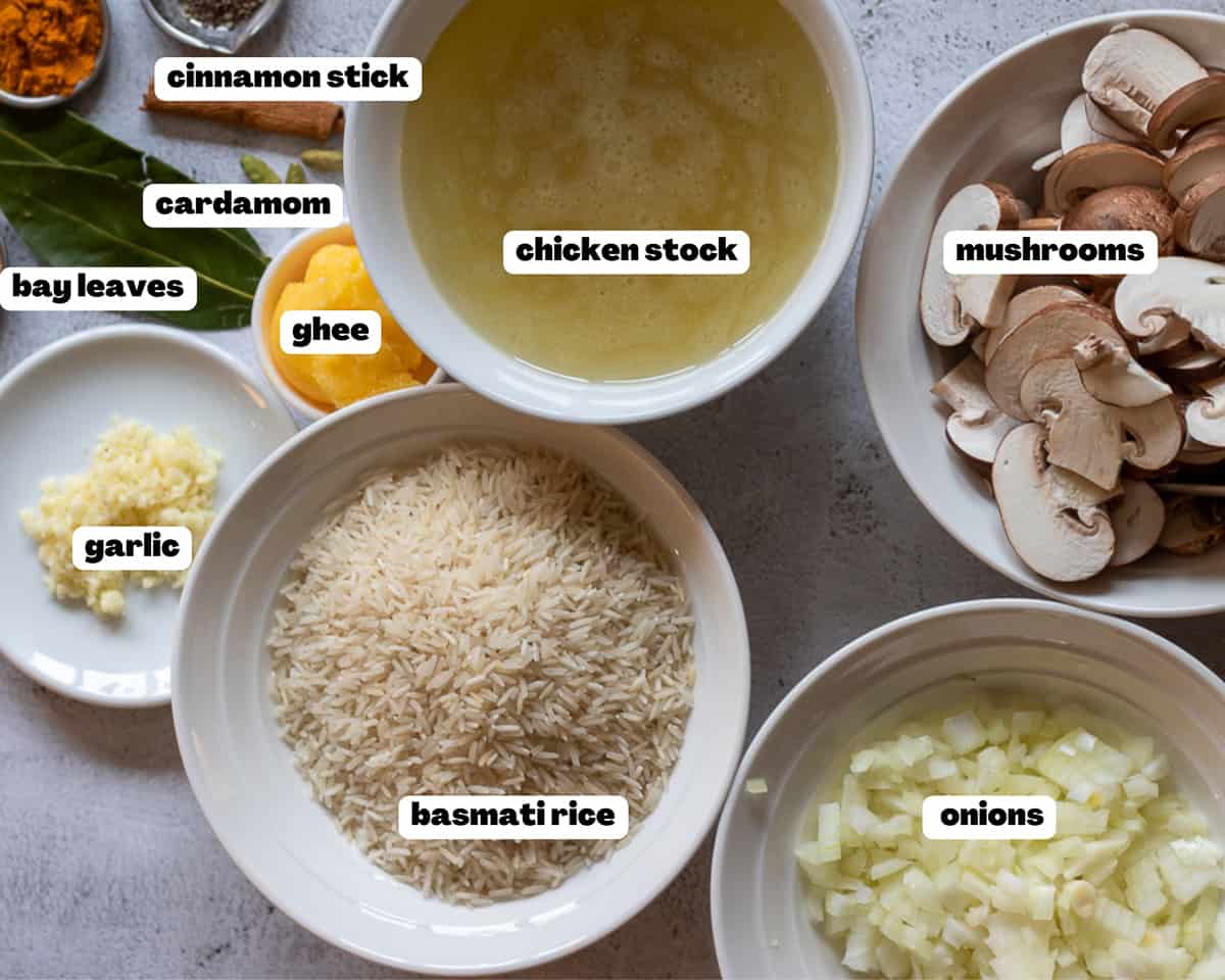 Labelled picture of ingredients for mushroom rice