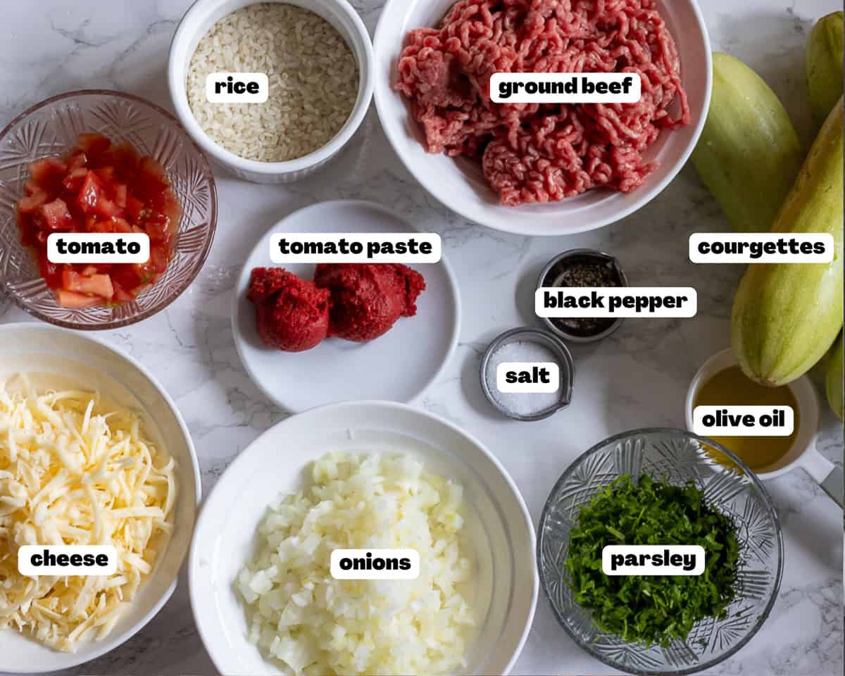 labelled picture for ingredients for zucchini boats filled with ground beef