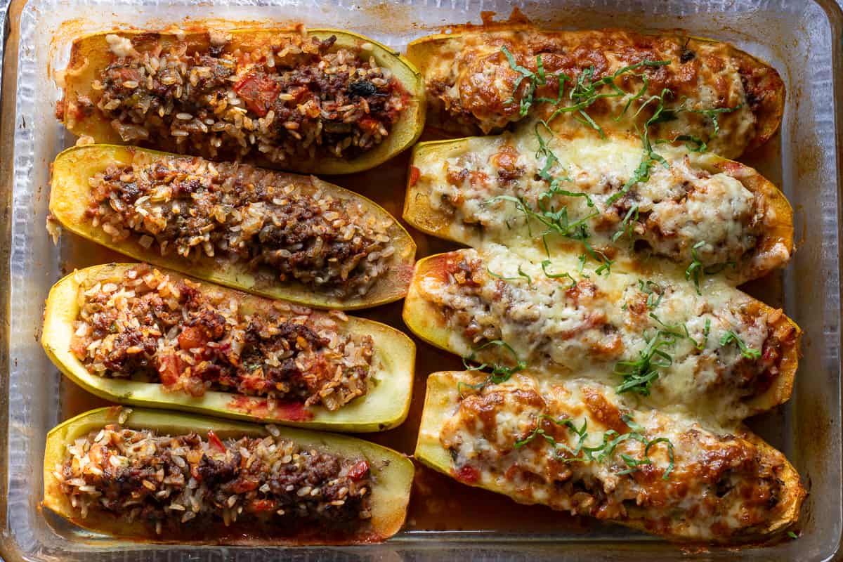 beef stuffed zucchini boats are baked until tender