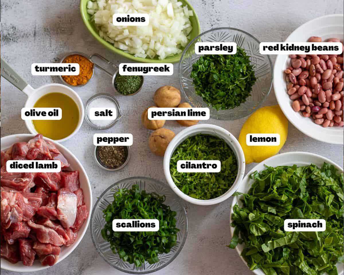 labelled picture of ingredients for ghormeh sabzi - Persian herb stew