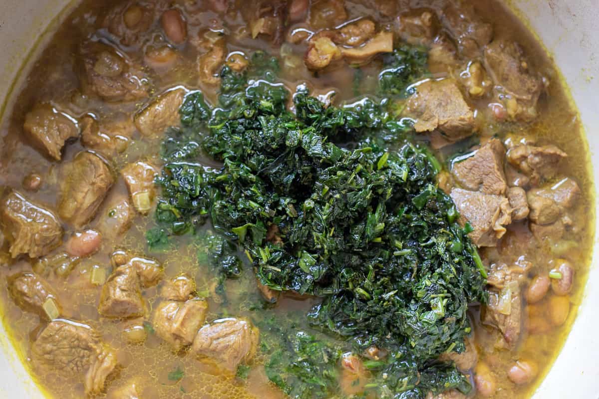 fried herbs are added to the stew