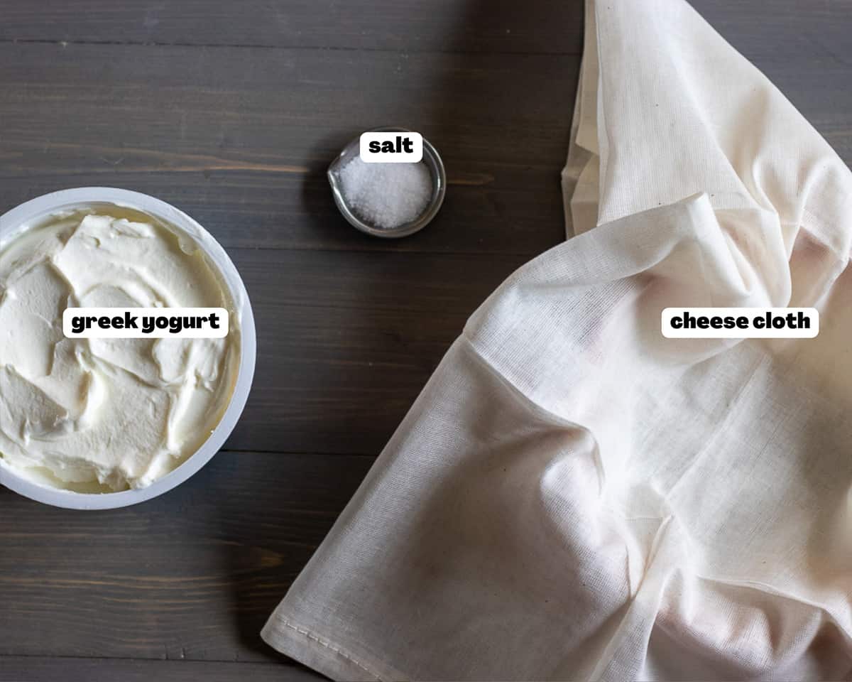 Labelled picture of ingredients for homemade labneh yogurt cheese 