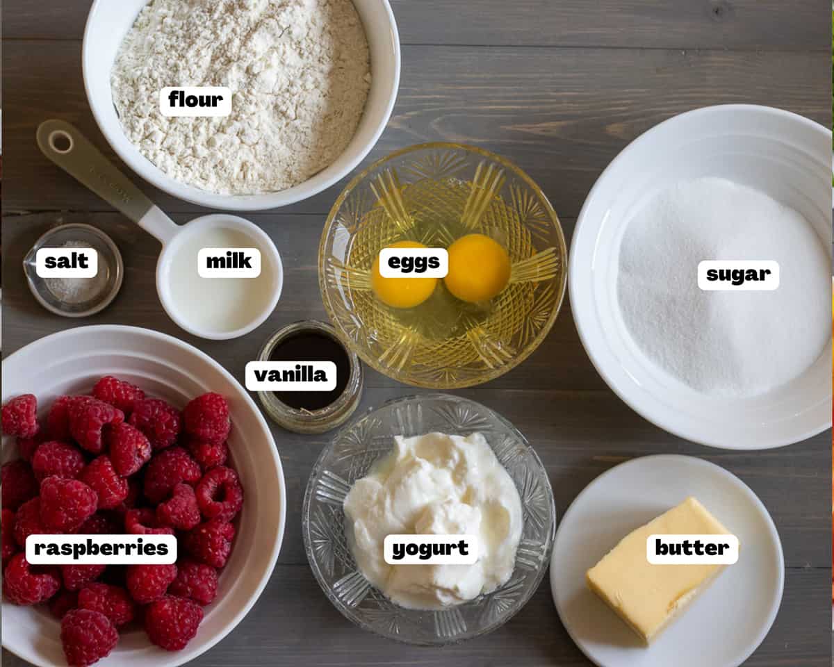 Labelled picture of ingredients for raspberry muffins 