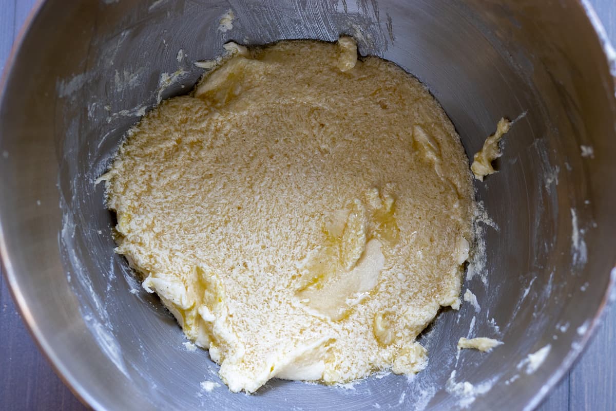 eggs are added to the butter and sugar mixture
