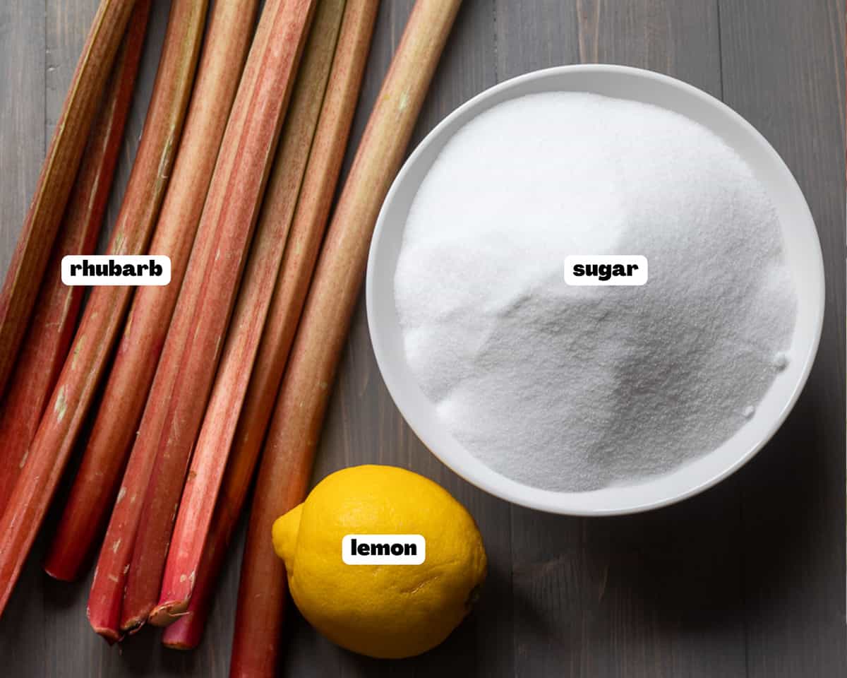 Labelled picture of ingredients for rhubarb jam