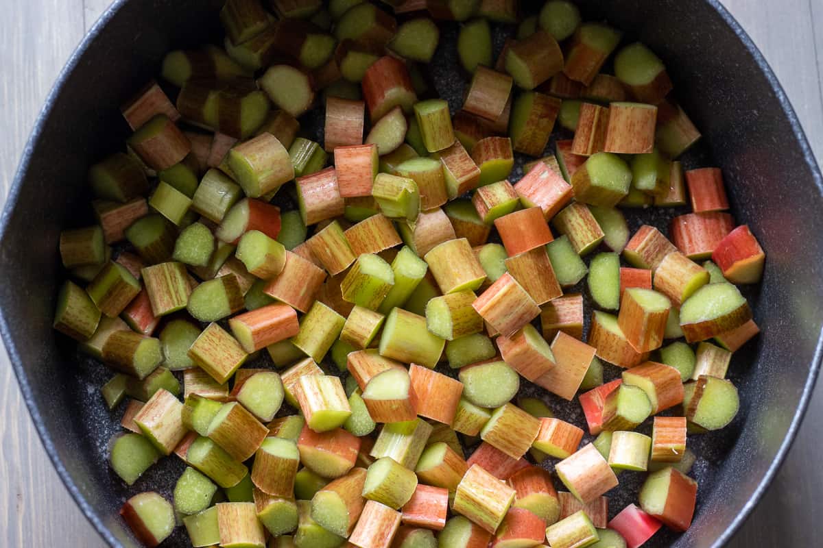 chopped rhubarb is placed in a pan