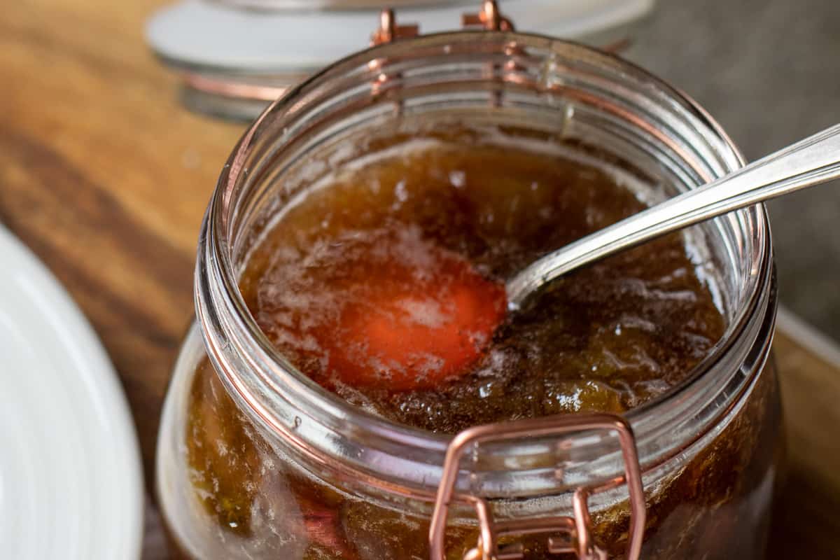 cooled jam is placed in a mason jar