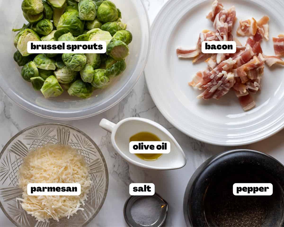Labelled picture of ingredients for air fryer brussel sprouts 