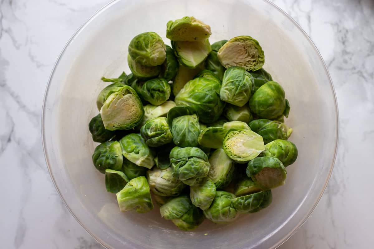 brussel sprouts are cut in halves