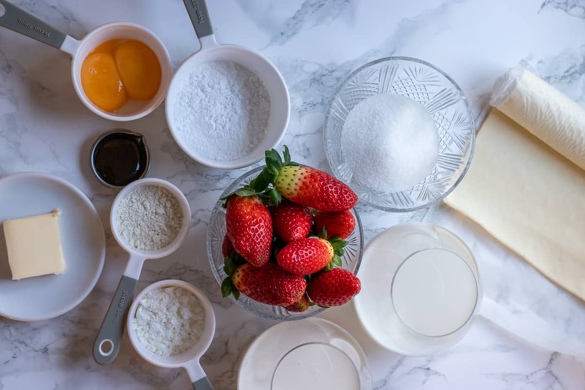 Ingredients for Easy Strawberry Puff Pastry Stacks with Cream