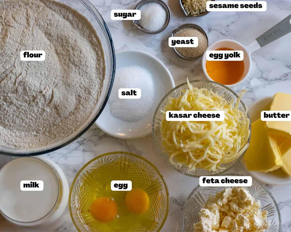 Labelled picture of ingredients for pitka bread