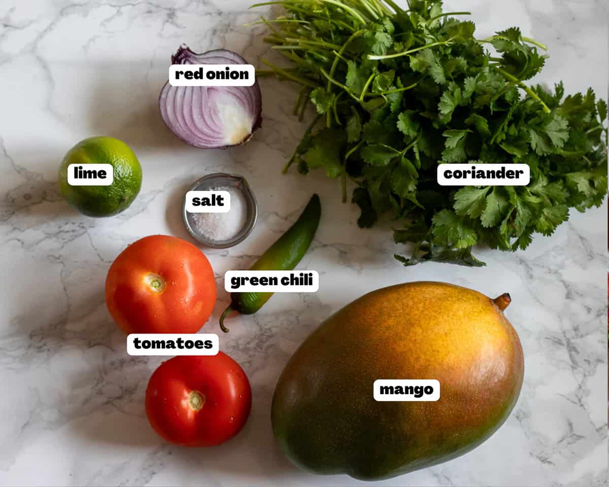 labelled picture of ingredients for mango pico de Gallo
